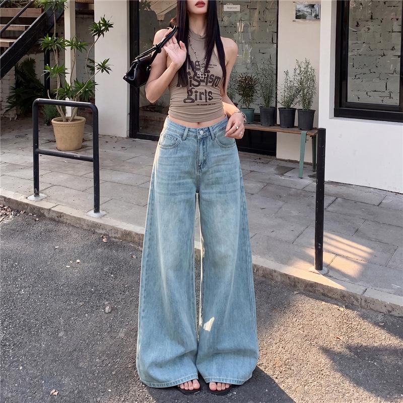 Retro American anti-fading primary color jeans women's new loose drape versatile comfortable and thin floor-mopping wide-leg pants