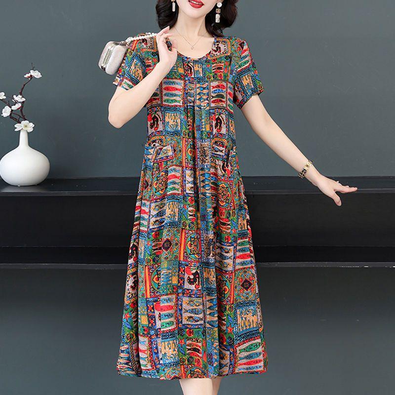 Женское летнее модное свободное хлопковое шелковое платье большого размера с короткими рукавами и цветочным принтом, темпераментные платья трапециевидной формы