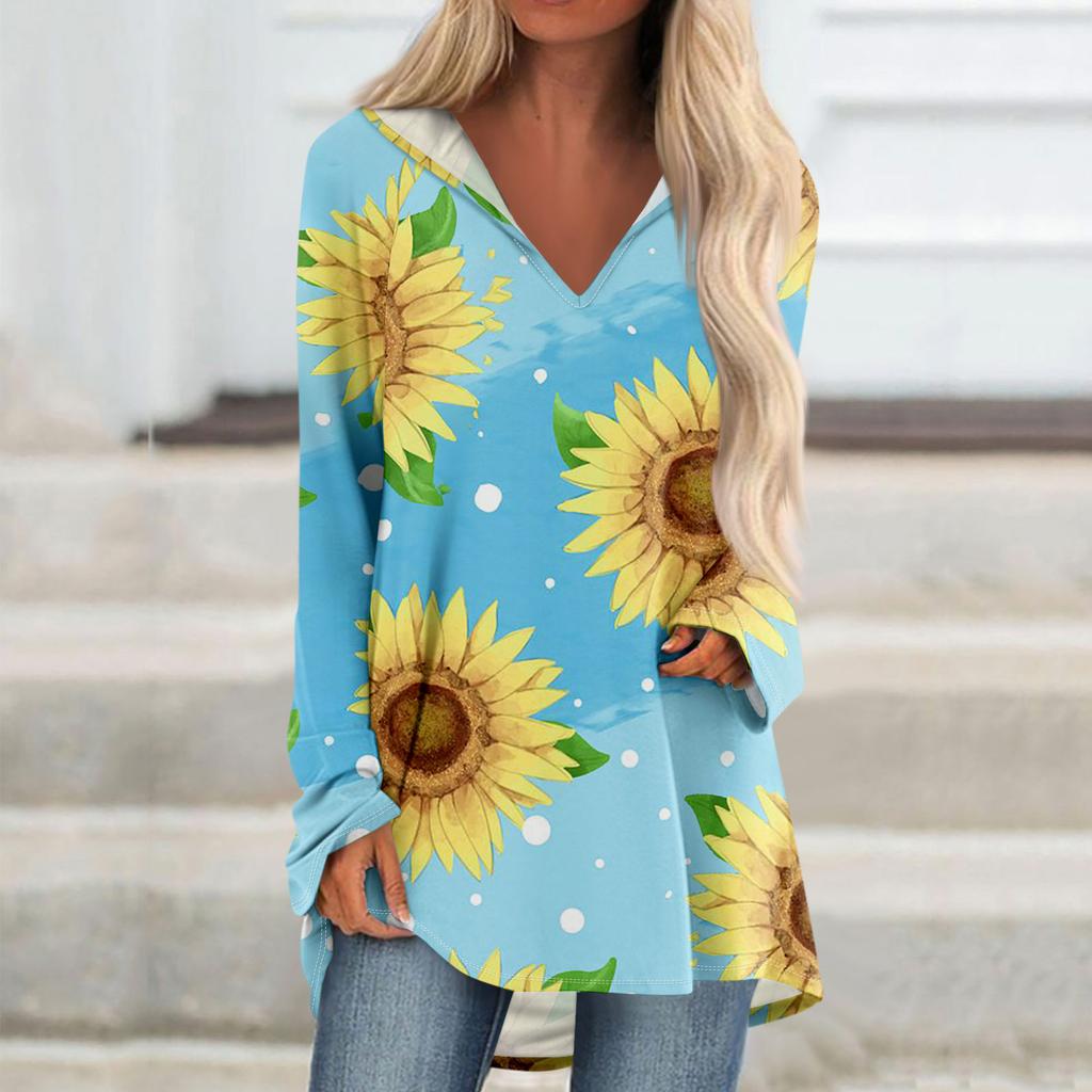 Women's V-neck Hooded Loose Long-sleeved Tops Casual Tops Home Leisure Pajamas Tops