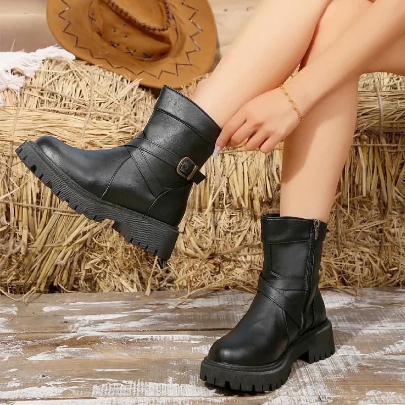 Модные кожаные ботильоны на молнии сбоку для женщин, трансграничные, с круглым носком, на толстой подошве, с ремешком и пряжкой, кожаные ботинки для верховой езды