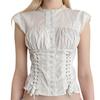 Womens Button Down T-Shirts Cap Sleeve Crew Neck Cross Tie-up Front Lace Trim Tops