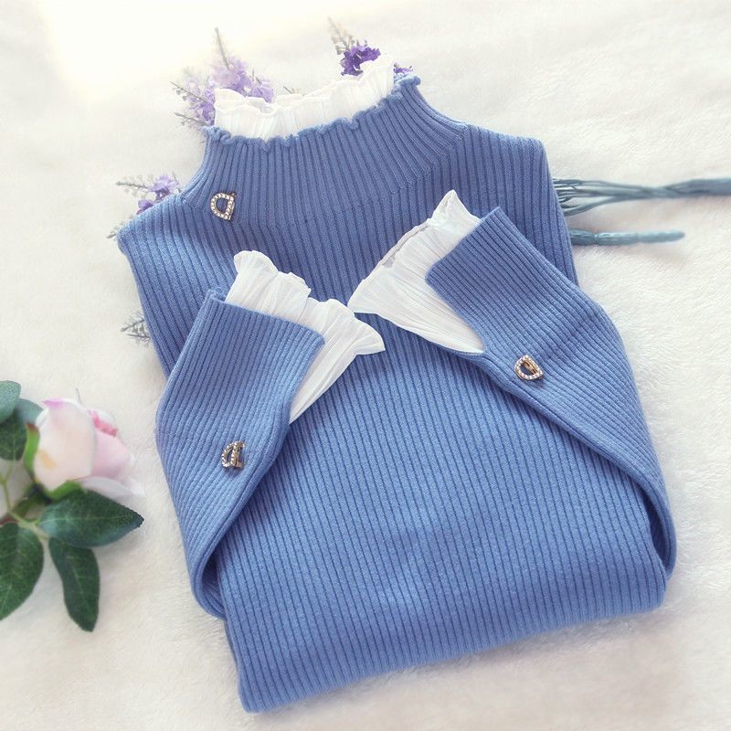 Вязаный свитер с полуводолазкой, поддельный двухсекционный свитер с кружевным воротником, блузка для женщин