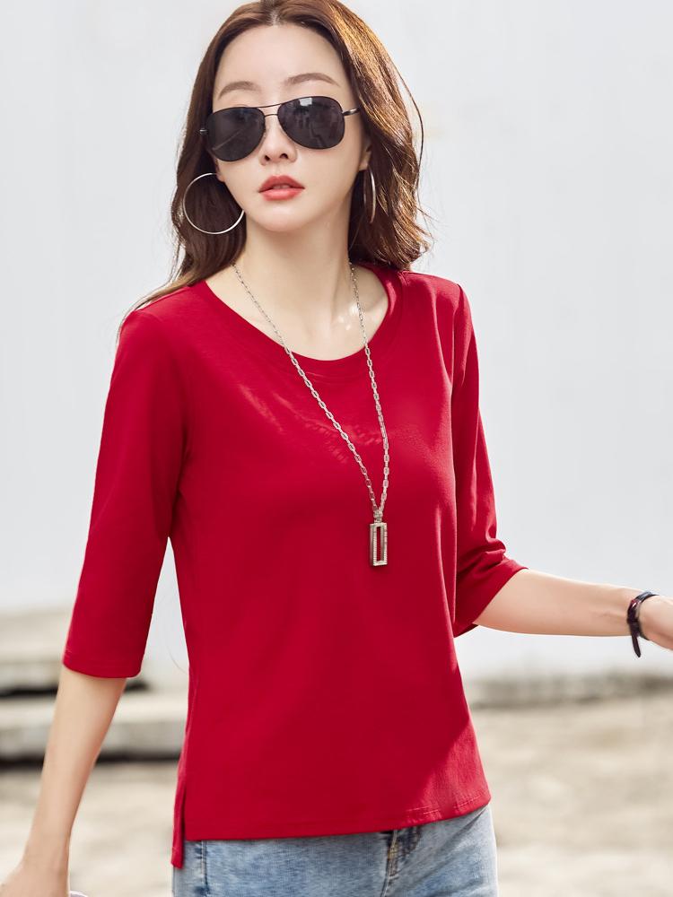 Summer T Shirt Women Cotton O-Neck Streetwear Tshirt Short Sleeve Solid Color Three Quarter Sleeve Tee Shirt Femme Sexy