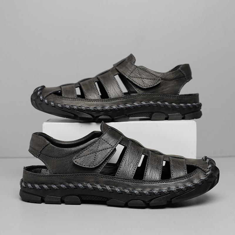 Модные повседневные кожаные мужские сандалии, дышащие мужские летние туфли на плоской подошве, модная пляжная обувь, удобные открытые мокасины, мужские сандалии Magic Glue
