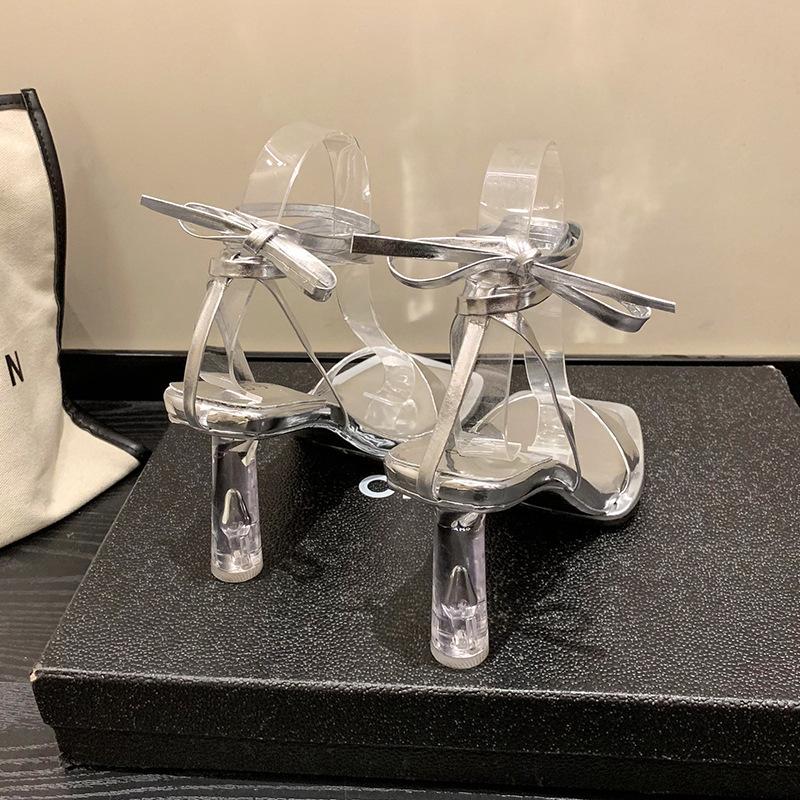 Модные женские босоножки с ремешками 2024 года, новые летние серебристые женские босоножки на высоком каблуке, дизайнерские босоножки с прозрачным каблуком, женская обувь