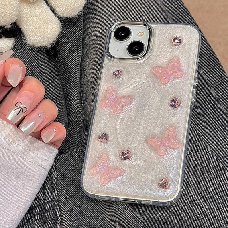 Блестящий Чехол-Бабочка для IPhone17Promax Жемчучная Бабочка-галстук для Apple 16 Стразы Силиконовый Женский Новый Модель