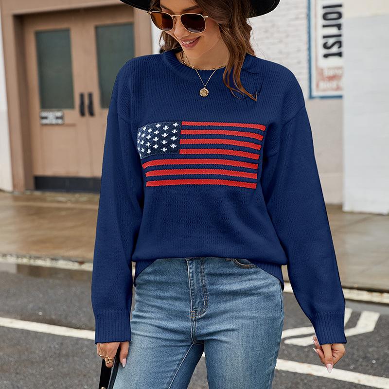 Autumn/Winter Round Neck Long Sleeve American Flag Printed Sweaters Easter Independence Day Fashion Women's Sweaters