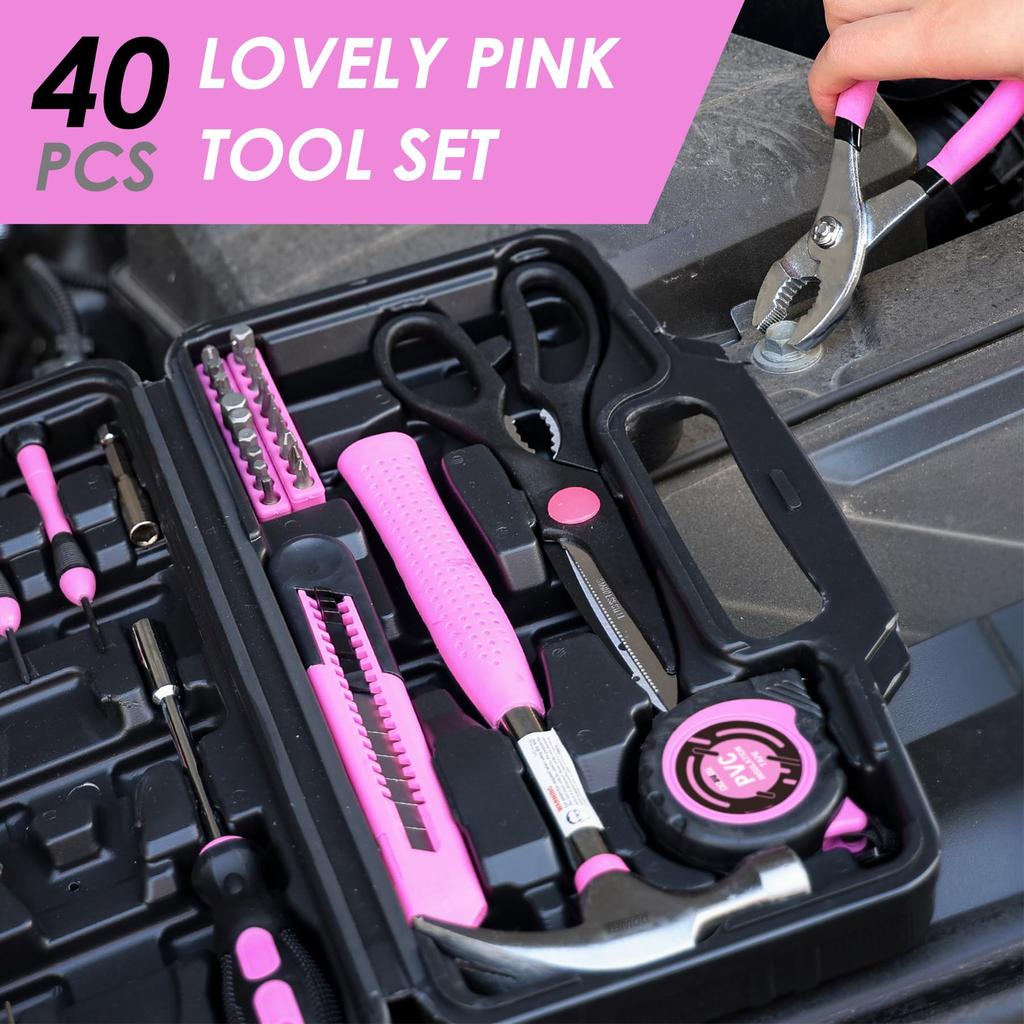 DOWELL Home Tool Set with Plastic Storage General Household Hand Tool Mini Repair Tool Kit for College and Home Use 40-Piece (Pink), Box, Kit, Women,