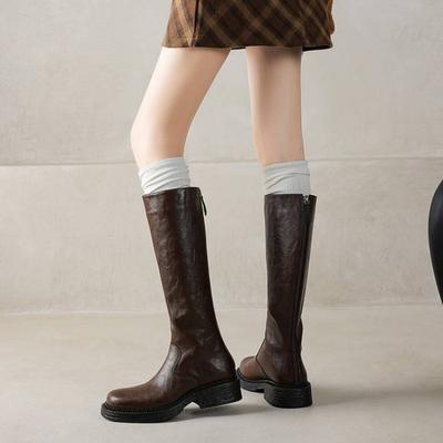 Осень и зима однотонные кожаные женские высокие сапоги большого размера коровья кожа средний каблук удобные на молнии модные сапоги новые женские сапоги
