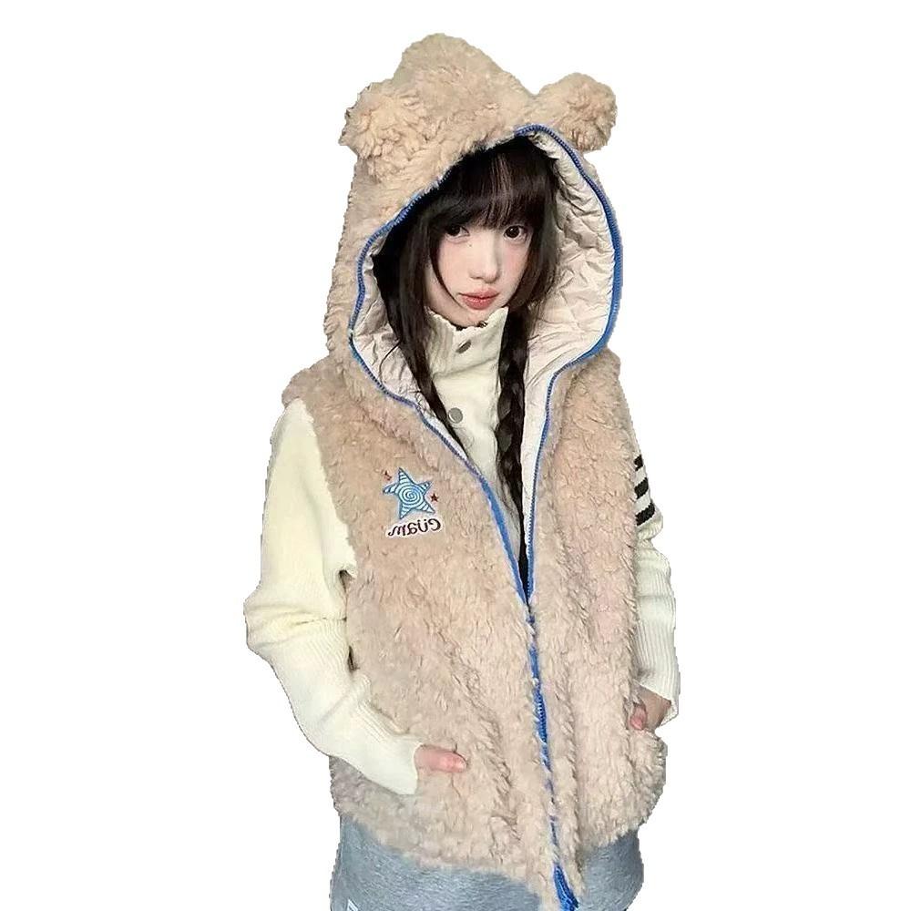 [] Winter new women's padded hooded bear ears vest vest plush vest jacket