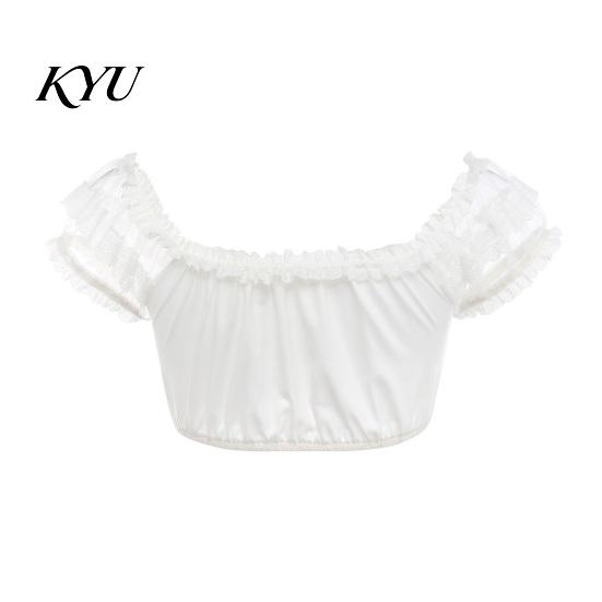 Women Short T-shirt Cropped Top with Lace Sleeve, Ruched V-Neck German Oktoberfest Costume Shirt Dirndl Blouse, Off-Shoulder Bavarian Sleeve Tee