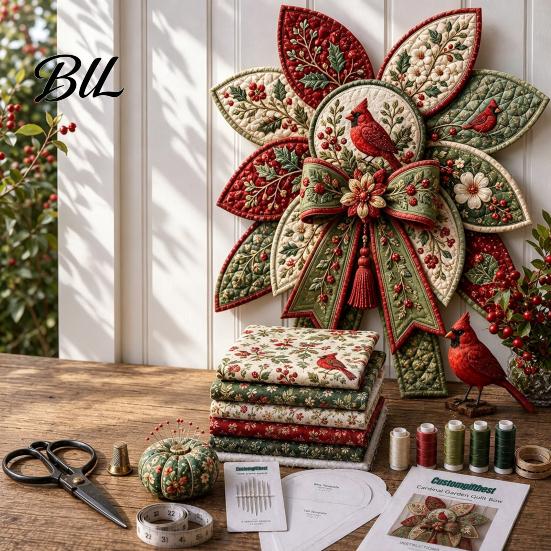 Quilting Craft Supplies Set DIY Quilted Hanger Kit for Door Wall, Wreath Patchwork Bow Sewing Hummingbird Cardinals Fabric Art Kit, Adults &