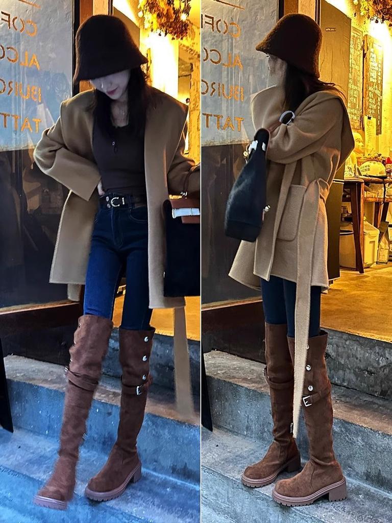 Knee Knight Boots Maillard Small Skinny Fleece Explosive Thick-soled Boots Women's 2025 New Autumn