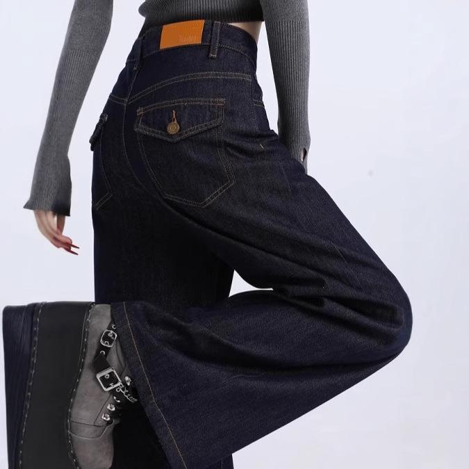 Женские ретро джинсы широкие от бедра с высокой посадкой темно-синие 2025 - Весенняя коллекция, Свободный крой, Расслабленный стиль, Прямые брюки