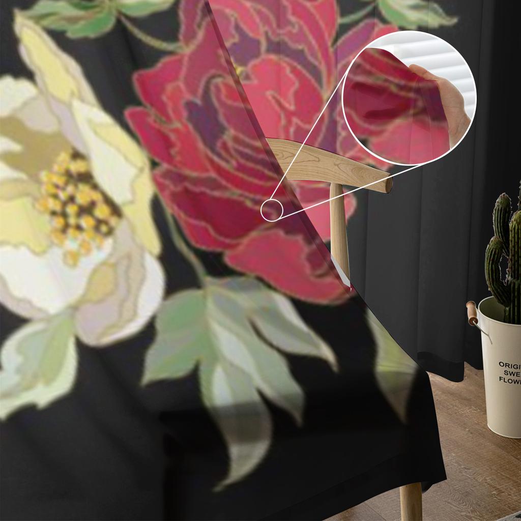 Красные цветы пиона, черные прозрачные шторы для гостиной, прозрачная тюль, оконная занавеска для спальни, кухни, домашний декор, вуаль, шторы