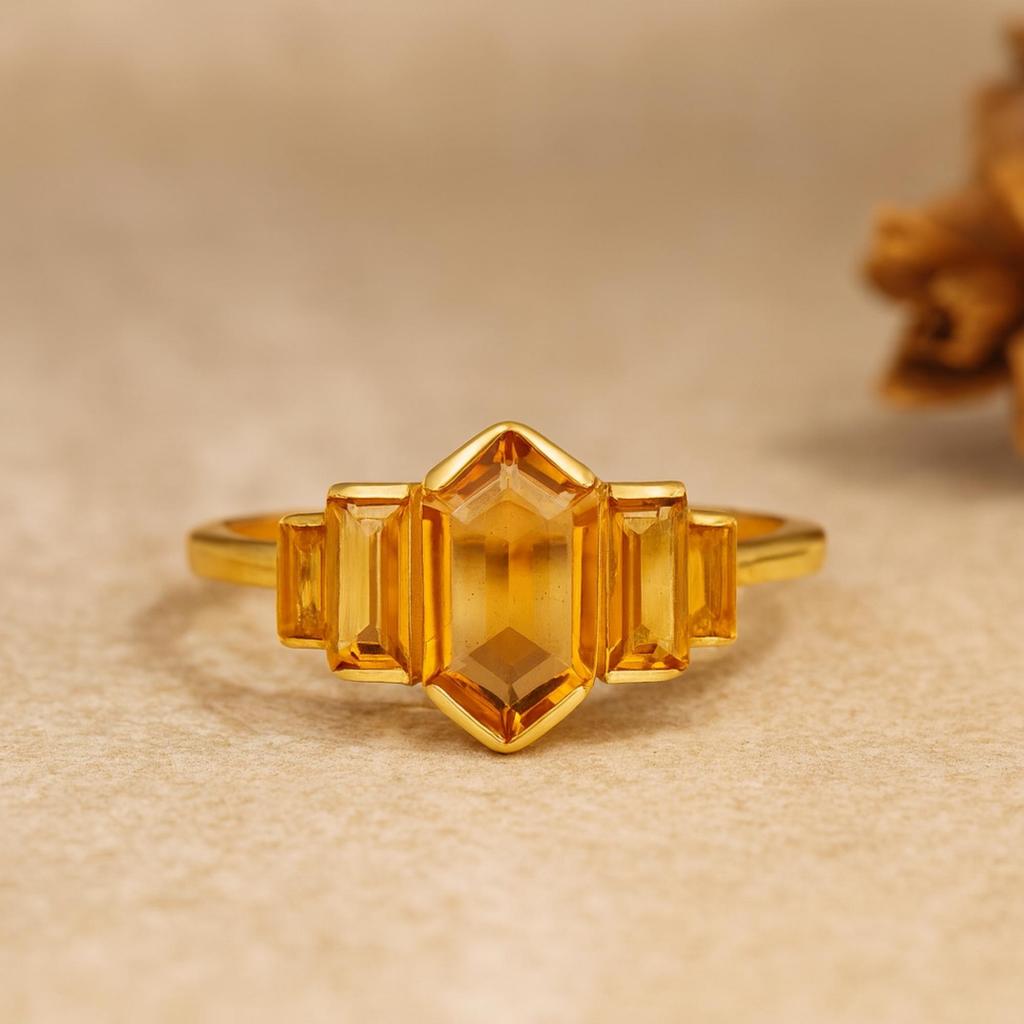 Hexagon and Baguette Citrine Ring – Art Deco Yellow Gemstone Ring - Gold Plated 925 Sterling Silver Jewelry Gift