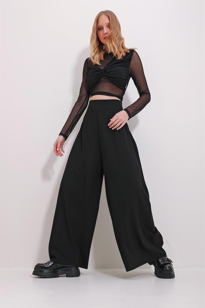 Женские брюки, модные черные брюки нового сезона с высокой талией и боковой молнией, широкие тканые брюки