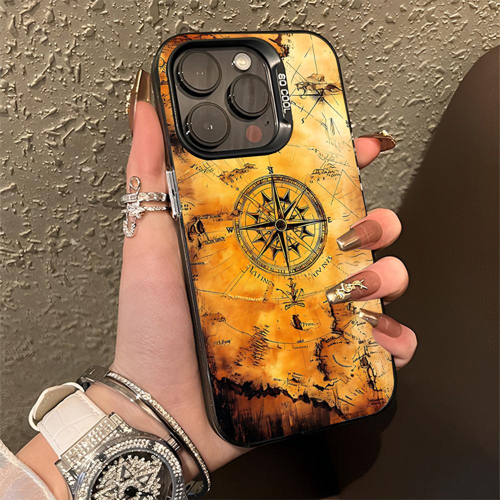 Wood Compass Clock Art Phone Case For iPhone 16,15,14,13,12,11,Pro,Max,Plus,Mini,XS,SE Anti Fall Black Matte Hard Bumper