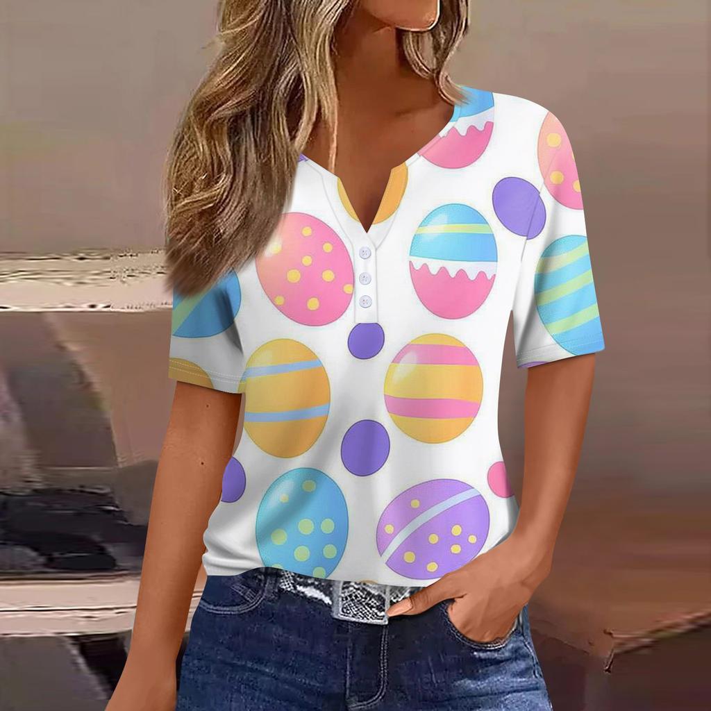 Women's T Shirt Print Button Short Sleeve Daily Weekend Fashion Basic V- Neck Regular Top