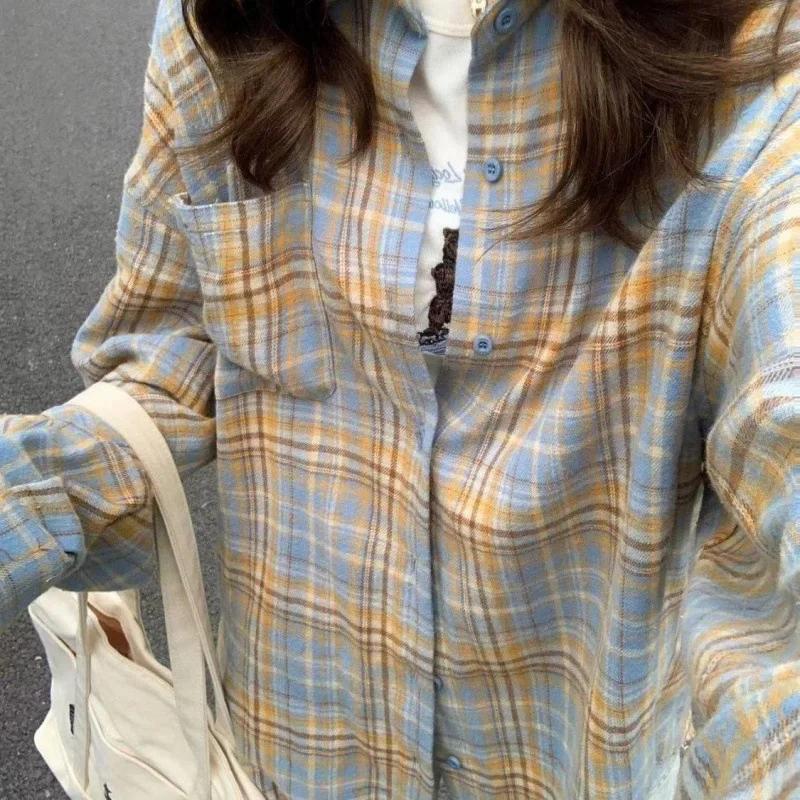 Корейская хип-хоп рубашка с цветными блоками в клетку с длинным рукавом для женщин весна-осень свободный крой стиль оверсайз универсальная модная куртка