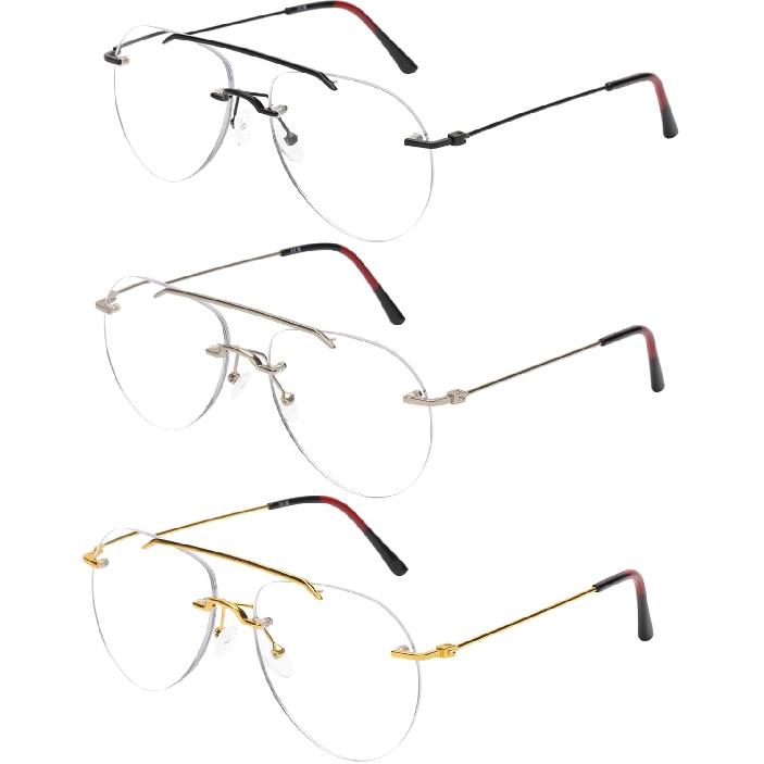 DOOViC 3 Pack Trendy Rimless Aviator Reading Glasses For Women Men Stylish Blue Light Blocking Readers Retro Metal Frame