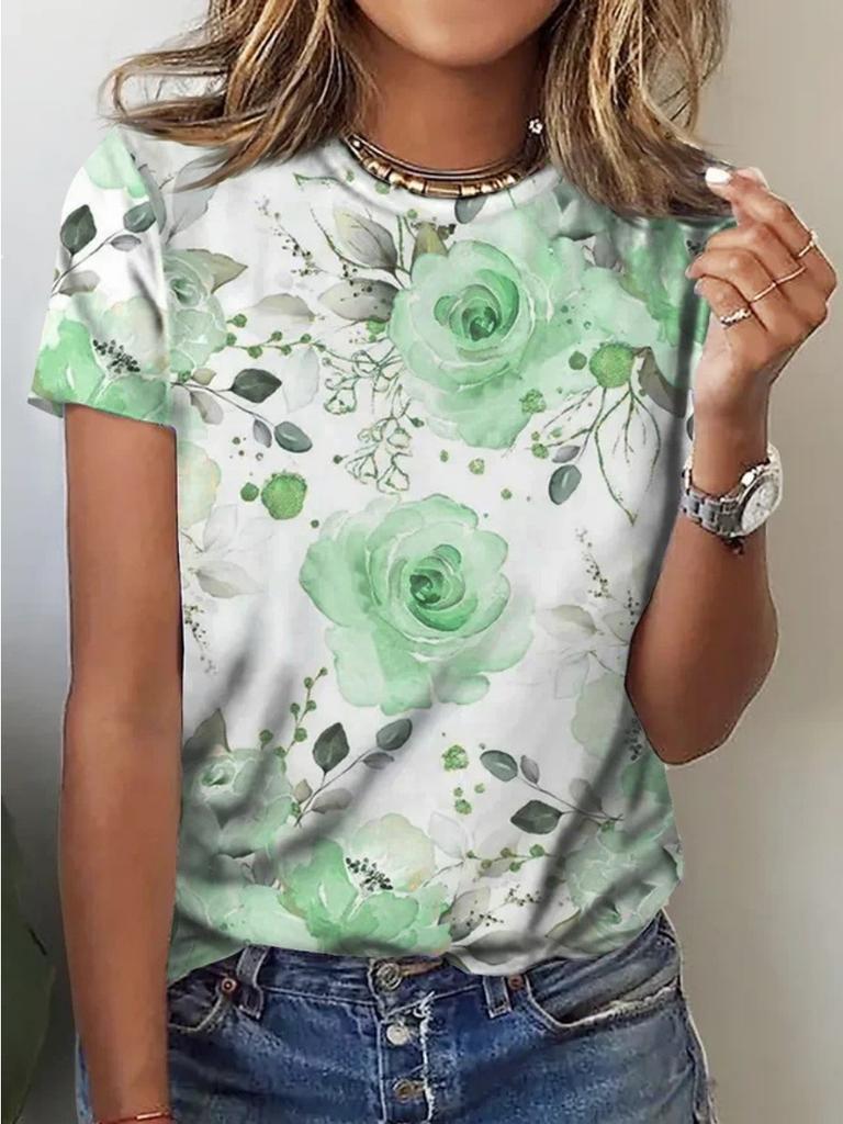 Летняя женская уличная модная футболка с цветочным принтом 3D с коротким рукавом, повседневная универсальная свободная футболка с круглым вырезом, женская одежда