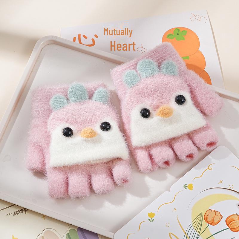 Милые детские перчатки-перевертыши с мультяшным принтом и бархатной подкладкой для тепла и защиты от холода — идеально подходят для письма осенью и зимой