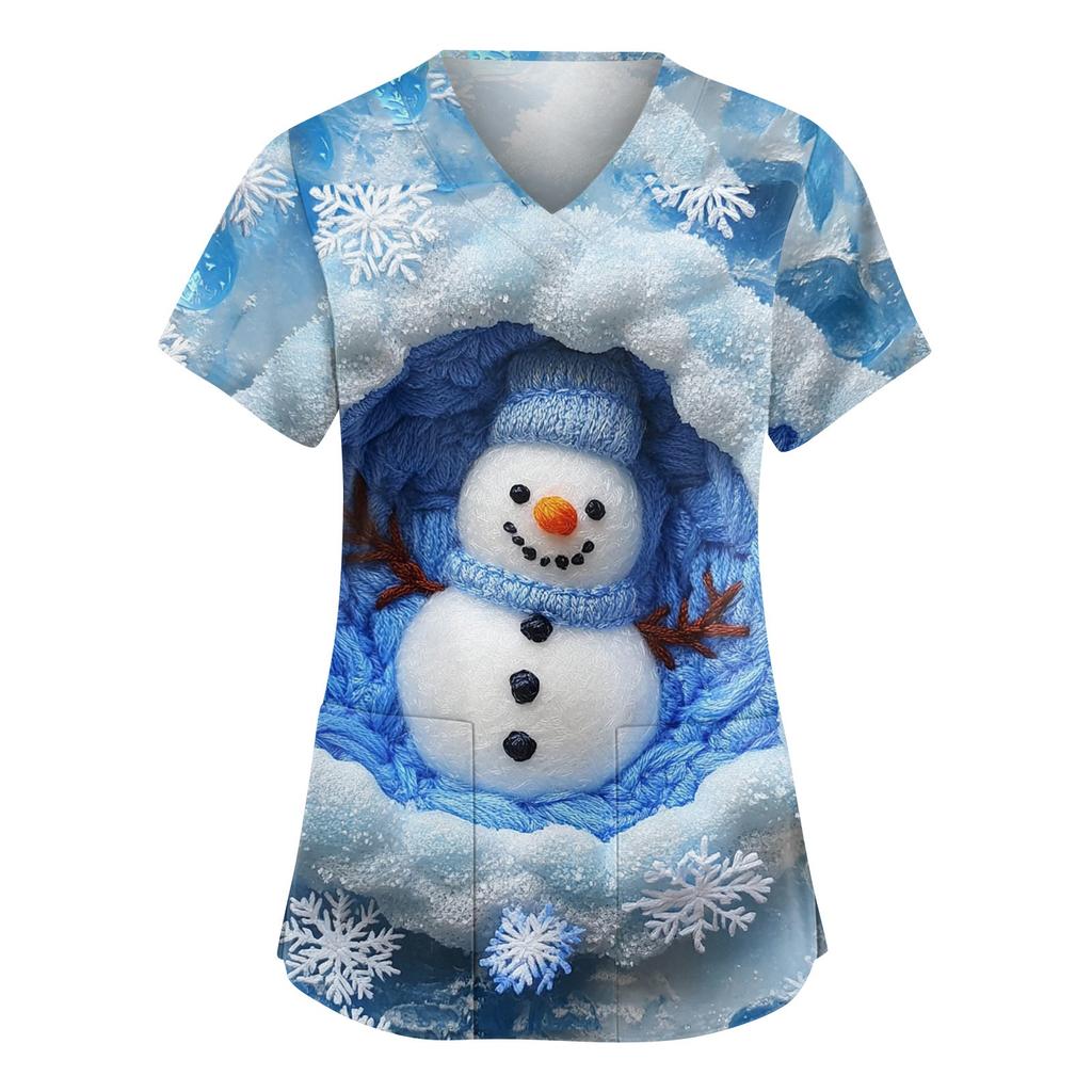 Женский модный рабочий топ с V-образным вырезом, рождественским принтом, короткими рукавами, карманом, боковым разрезом, базовый пуловер