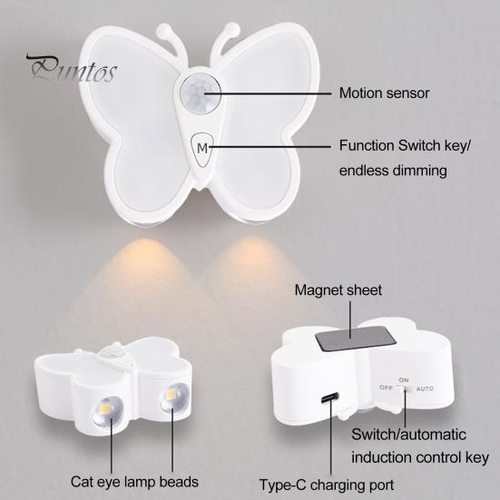 Светодиодный ночник-бабочка с регулируемой яркостью, перезаряжаемый через USB, умный датчик движения, беспроводной ночник, прикроватная лампа