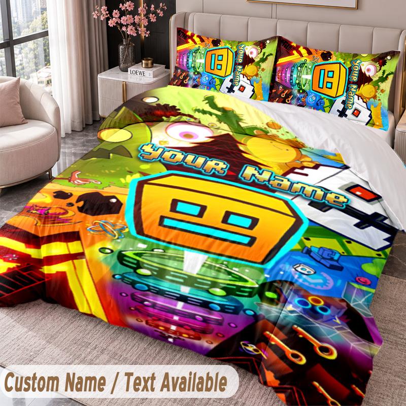 Custom Name Text 3Pcs Bedding Set Geometry Dash Duvet Cover And Two Pillowcases