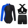 Girls Dance Outfit Set Mock Neck Long Sleeve Keyhole Back Color Block Design Leotard with Vest Shorts