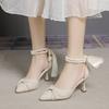 2025 Summer New Thin Heel Solid Color Single Shoes Women's Middle Heel with Skirt Bridesmaid High Heels French Temperament Sandals