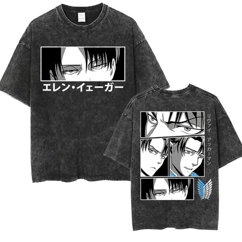 2026 Vintage Washed T-shirt Man Attack on Titan Women Short Sleeve Tee Streetwear Anime Print Summer Y2k Oversized Casual Tops