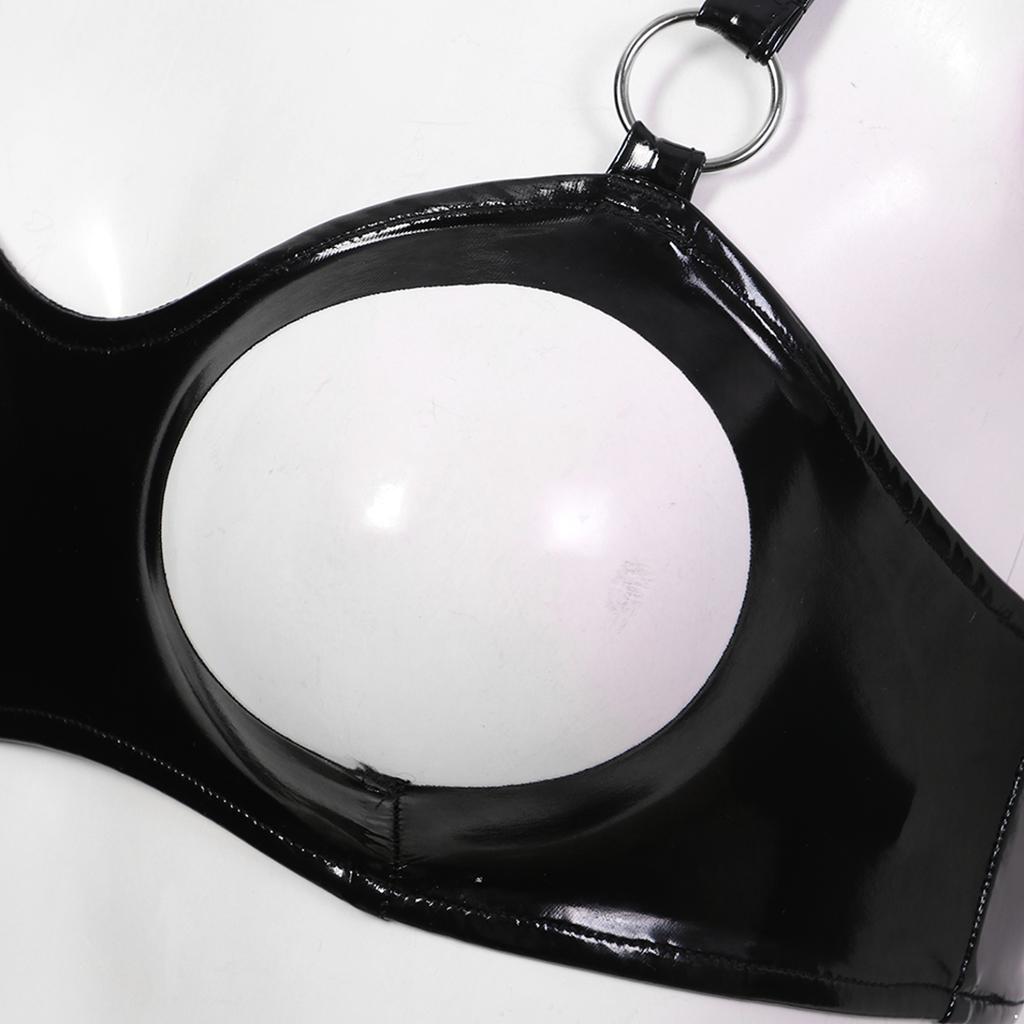Женский бюстгальтер из лакированной кожи с мокрым эффектом и открытой чашкой, топы с регулируемыми бретелями и уплотнительным кольцом, укороченный топ, нижнее белье