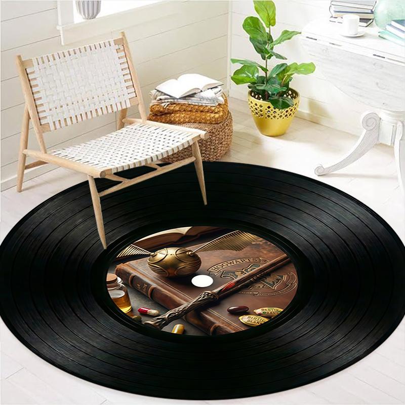 Record Texture Flag Magic Round Area Rug,Carpet Rug for Living Room Bedroom Sofa Playroom Decor,Non-slip Floor Mat