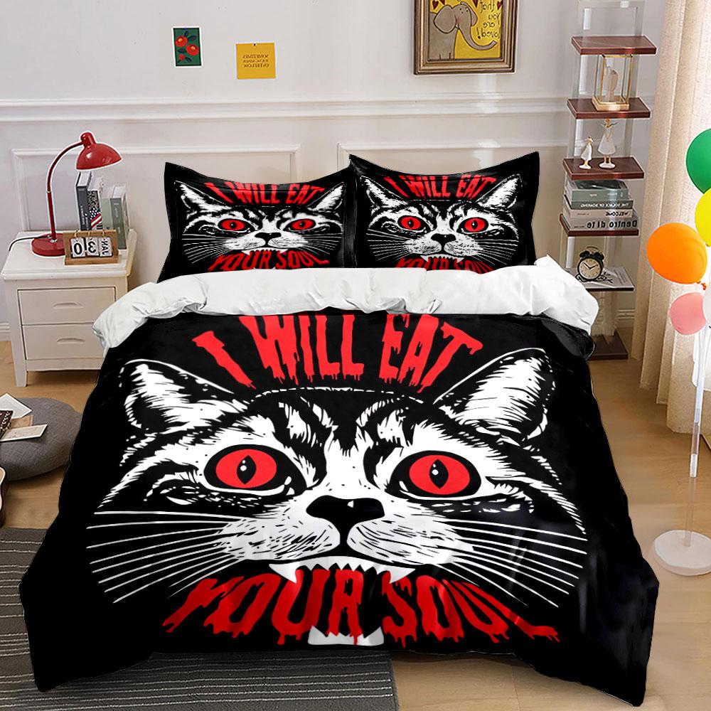 Cat with Red Eyes Graphic Bedding Duvet Cover Set Duvet Cover Pillowcases (1*Duvet Cover 2*Pillowcases, without duvet insert)