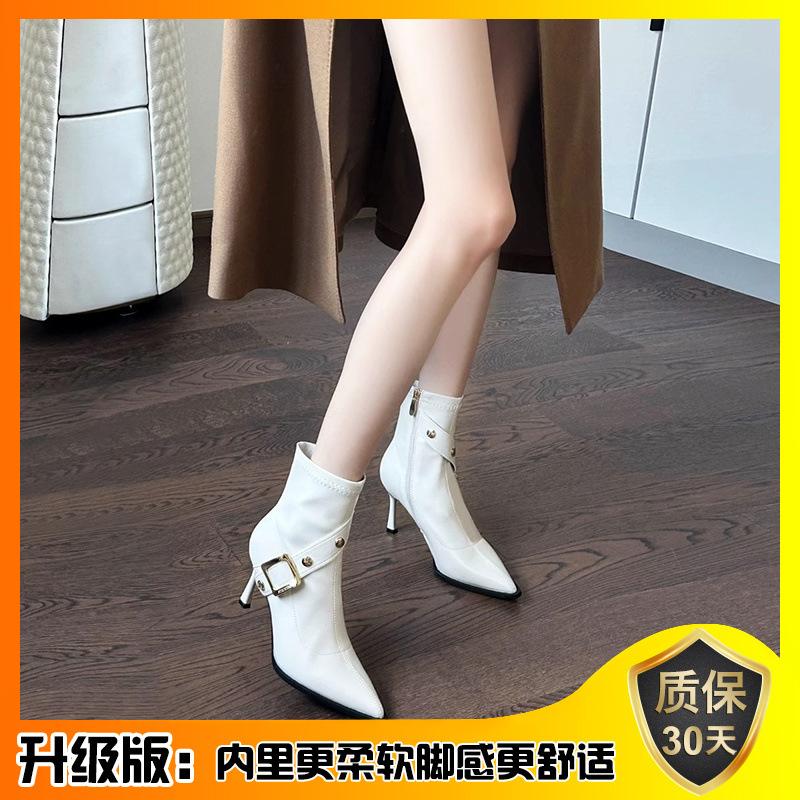New Chinese temperament women's niche design pointed short boots thickened buckle high heel fashion boots side zipper spring and autumn