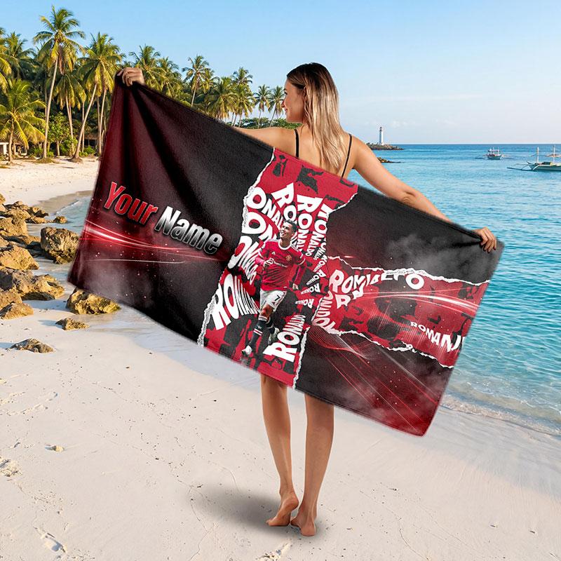Cristiano Ronaldo Custom Beach Towel, Personalized Name Text Print, Football Logo Soft Quick‑Dry Towel Holiday Gift