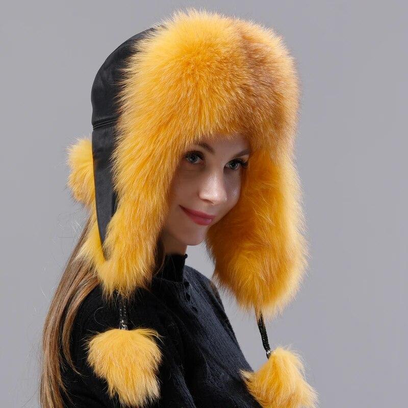 Шапка из натурального меха, женская теплая пушистая шапка-бомбер из натуральной лисы, шапка-ушанка из натуральной кожи, стильная ветрозащитная уличная зимняя шапка-ловушка