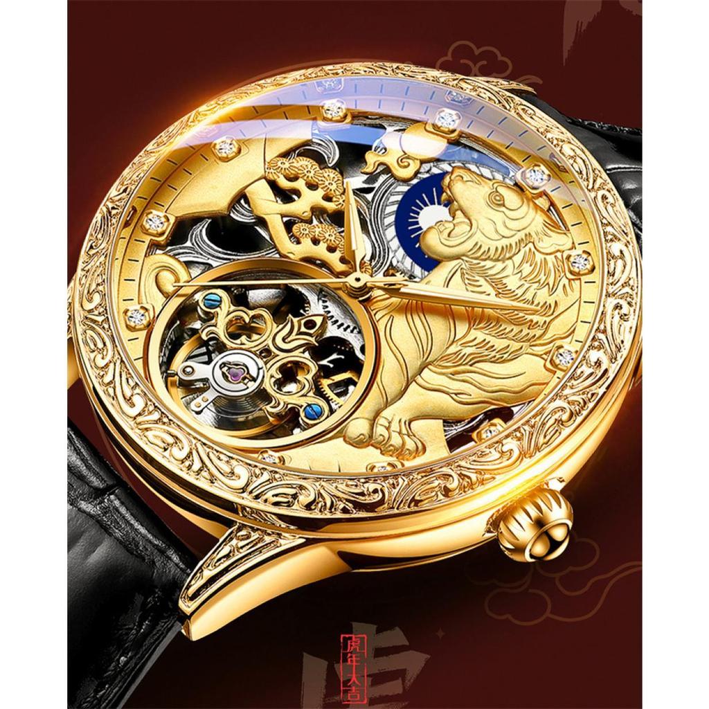 Chenxi Винтажные наручные часы с кожаным ремешком, роскошные мужские механические часы с турбийоном, великолепные автоматические часы с резным узором в виде полого скелета