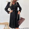 Early Autumn Fashion Pleated Women's Black V Neck Long Sleeve Lace Up High Waist A Line Dress