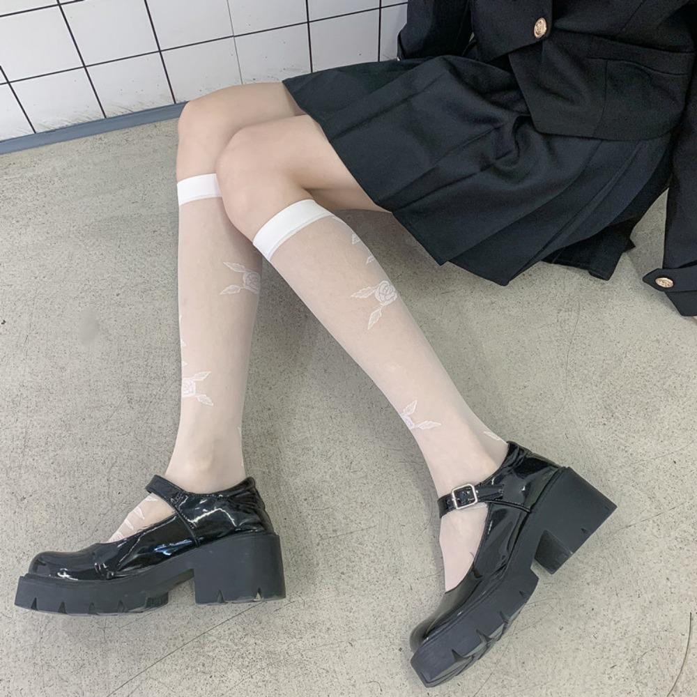 Весенние тонкие женские черные жаккардовые носки Love Calf, гольфы в японском стиле Jk, шелк Lolita