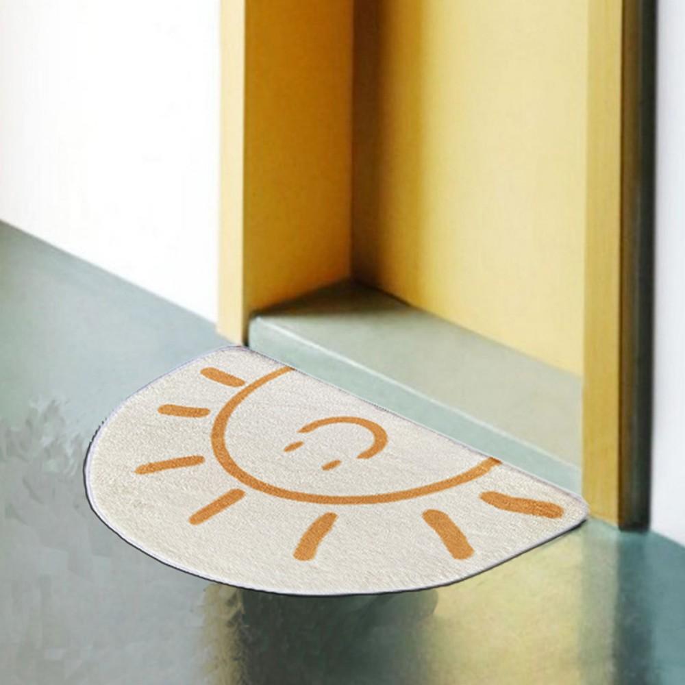 Happy Sun Cartoon Print Half-Circle Carpet for Bathroom or Entry, Cheerful Non-Slip Home Decor Floor Mat for Indoor, Kids