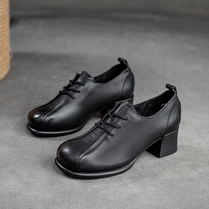 Johnature Женская обувь в стиле ретро, однотонные туфли-лодочки на среднем каблуке, туфли из натуральной кожи с круглым носком на шнуровке ручной работы