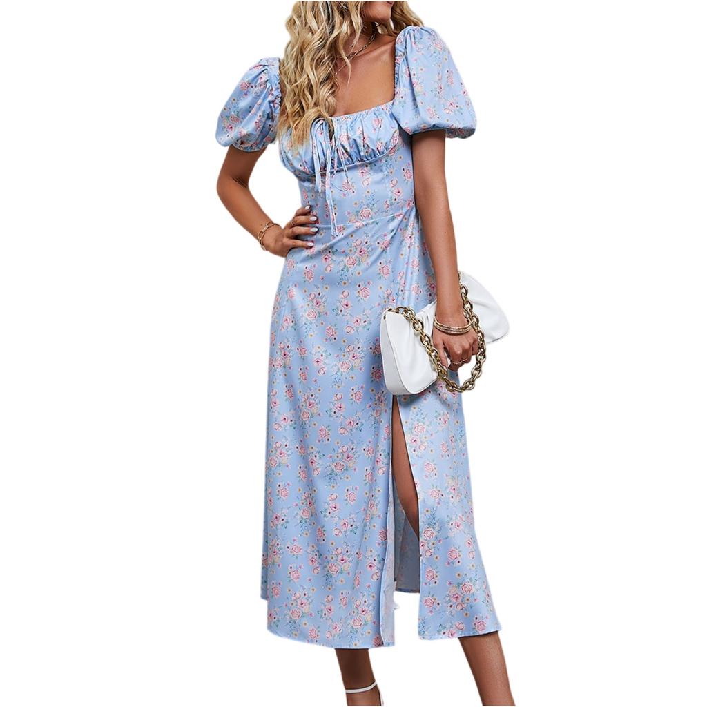 Women's Fashion Casual Sexy Printed Bubble Short-Sleeved Smocked Hem Split Dress