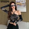 WTEMPO Spring Summer Black Tie Dyed Long Sleeve T-Shirts Women Casual Slim Off Shoulder Halter Short V-Neck Tops