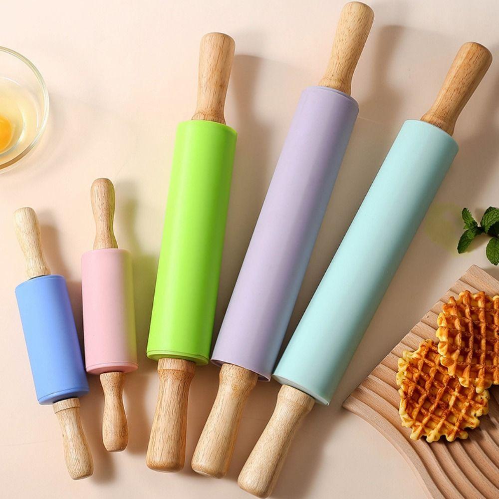 Multicolor Silicone Rolling Pin Wooden Handle Flour Roller New Pastry Dough Roller  Baking Tool