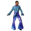Mens Metallic Bell Bottom Disco Jumpsuit Turn Down Collar Flared Sleeves Printed Bodice Bodysuit Party Costume