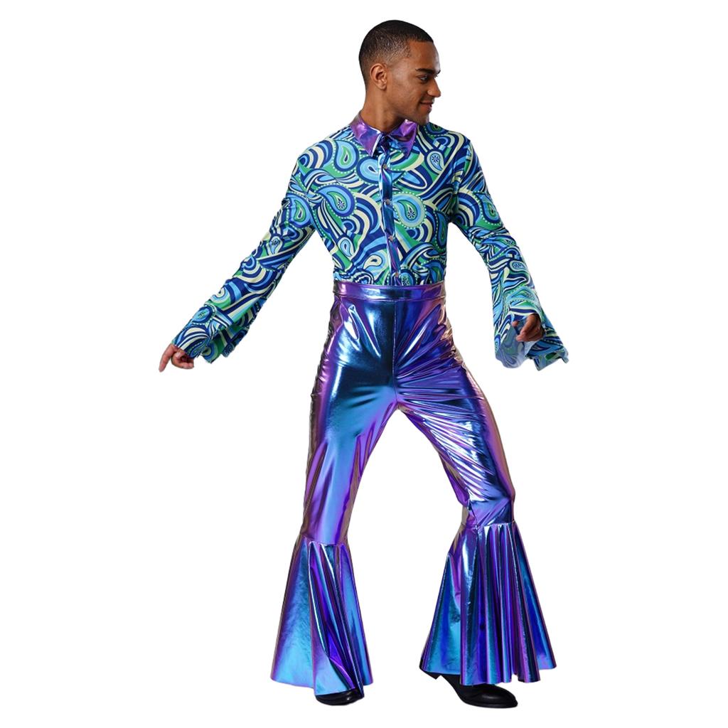 Mens Metallic Bell Bottom Disco Jumpsuit Turn Down Collar Flared Sleeves Printed Bodice Bodysuit Party Costume