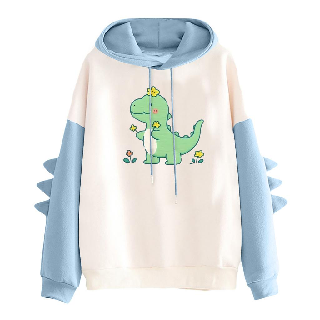 Women's Printed Contrasting Dinosaur Loose Casual Hoodie